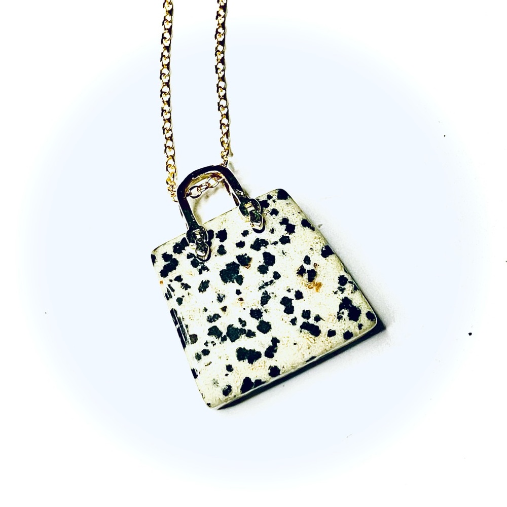 New Artisan 14k Gold Lady Christian Dior Dalmatian Jasper Handbag Necklace - Picture 9 of 17